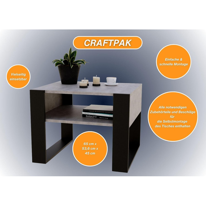 Стіл для вітальні CraftPAK для дивана з високоякісної деревини, міцний і сучасний журнальний столик з додатковим місцем для зберігання, колір (бетонно-чорний)