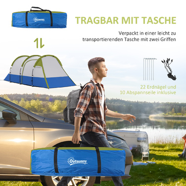 Outsunny Camping Tent, Тунельний намет для 3 осіб, з легким гачком, тент, 2 кімнати, вітрозахисний сімейний намет із сумкою для перенесення, 2000 мм водовідштовхувальний висувний намет для кемпінгу, саду, зелені