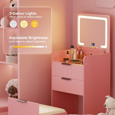 Трюмо Lvifur з LED-дзеркалом та 3 шухлядами, кутовий, для спальні, квартири, гуртожитку, білий (рожевий)