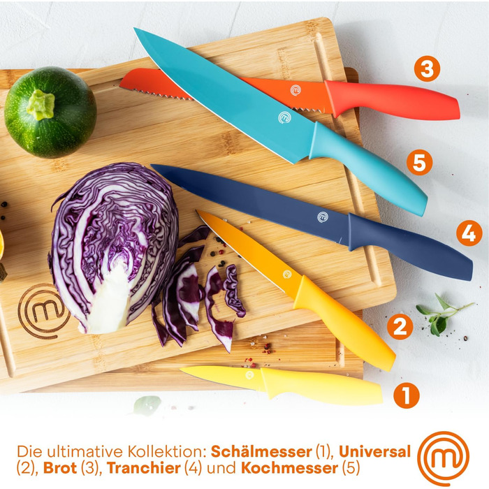 Набір ножів MasterChef 5-ти частинний: кухарський, хлібний, сатокі, овочевий, універсальний. З нержавіючої сталі, гострі, чорний, Soft-Touch ручки.