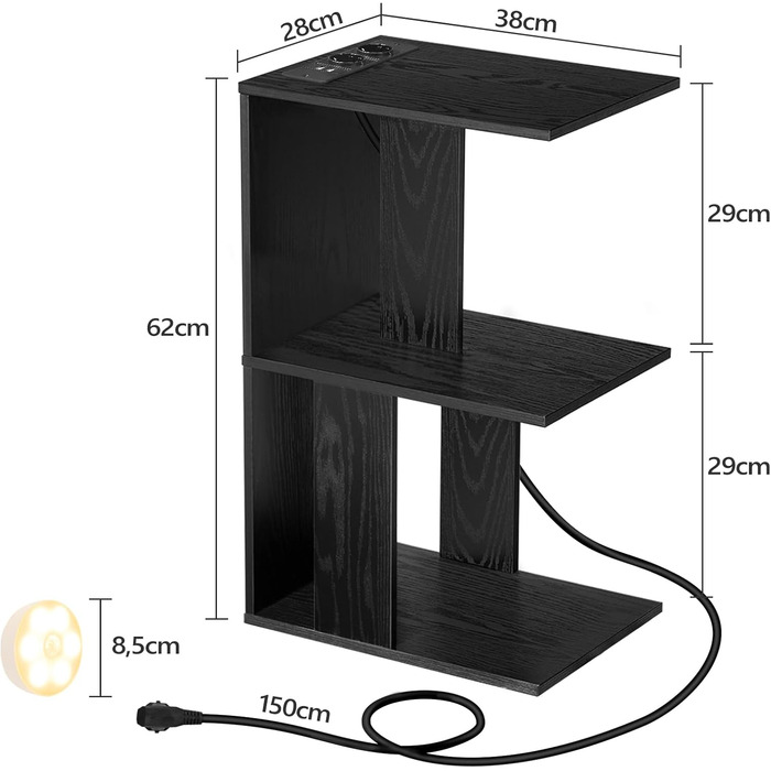 Журнальний столик із зарядною станцією, С-подібний, світлодіодне сенсорне підсвічування, полиці, компактний, чорний