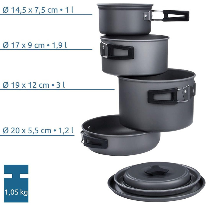 Набір посуду для кемпінгу yourGEAR Ranger V (7 предметів) - для 4-5 осіб. Алюмінієвий, з антипригарним покриттям. У сітчастому мішку.