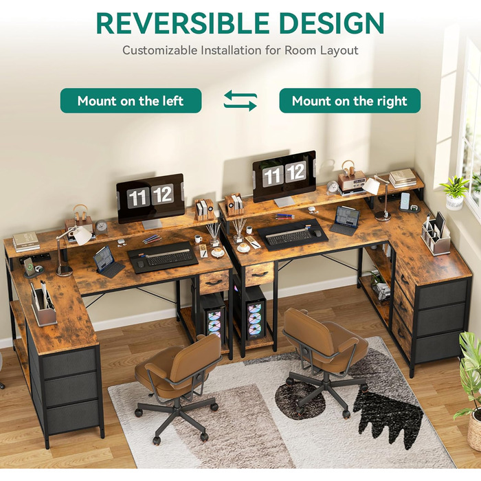 Стол YITAHOME L-подібний з USB-портом та розеткою, 140x100 см, 4 шухляди, полиця, для офісу, коричневий