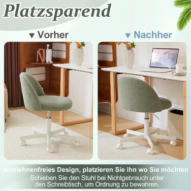 Офісне крісло Bonnlo з роликами, регульована висота, для робочого кабінету, спальні, home office, обшите тедді, білий (зелений)