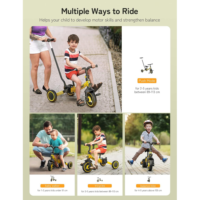 Бесрей 5-в-1 Дитячий Біговел, Триколісний Велосипед для Малюків 1-4 Років (Жовтий з Ручкою)