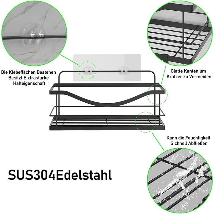 Душова полиця Душові полиці без свердління, Душовий кошик самоклеючий матовий чорний, Полиця для ванної кімнати Полиця для ванної кімнати Душовий органайзер з нержавіючої сталі, 2 шт. и