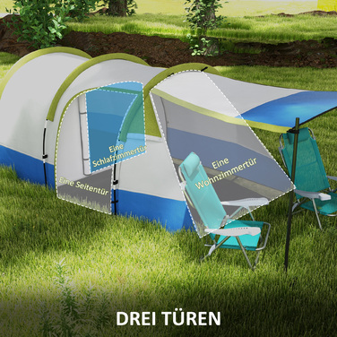 Outsunny Camping Tent, Тунельний намет для 3 осіб, з легким гачком, тент, 2 кімнати, вітрозахисний сімейний намет із сумкою для перенесення, 2000 мм водовідштовхувальний висувний намет для кемпінгу, саду, зелені