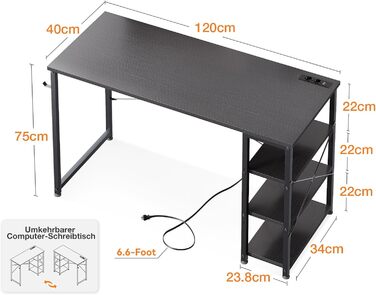 Письмовий стіл ODK 120x40x75см, Комп'ютерний стіл з 3 розетками, USB & Type C, полиця, чорний