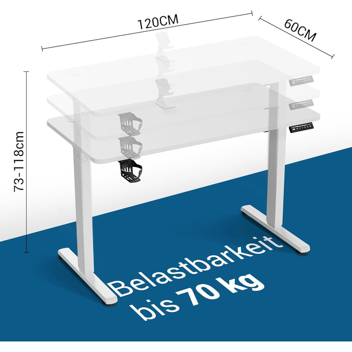 Регульований стіл 120x60 см з USB-C, електричний з пам'яттю, для офісу, стоячий, комп'ютерний, білий Pro