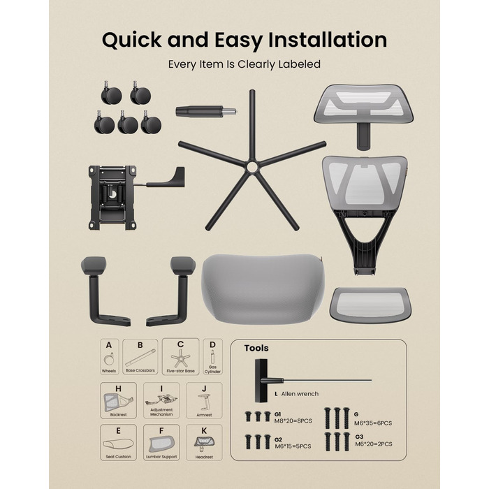 Офісний крісло ProtoArc EC100 сірого кольору з товстим пружинним сидінням, підтримкою попереку, регульованими підлокітниками та підголівником, сітчасте крісло для дому та офісу