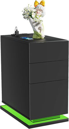 Вузька чорна тумба приліжкова з розеткою, USB, LED-підсвіткою 16 кольорів, 3 шухлядами, 50x30x63 см для спальні, сучасна