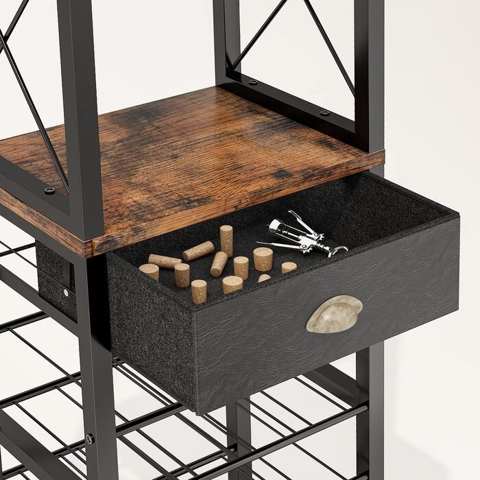 Барний шафка Homeiju на 4 полиці, з підсвіткою, для напоїв та келихів, з ящиком та полицями для вина, для вітальні та кухні, рустикальний коричнево-чорний колір