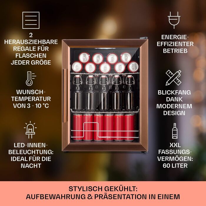 Міні-холодильник Klarstein, 60 л, скляні дверцята, LED, 2 полиці, тихий, стійкий до погодних умов, 3-10C, внутрішня/зовнішня