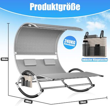 Кесер® Подвійна шезлонг для відпочинку з сонцезахисним дахом, подушкою для голови та кишенею для 2 осіб, садова шезлонг, 240 кг, сірий