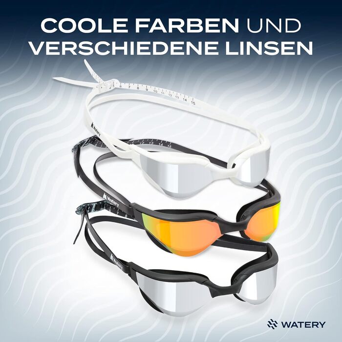 Водянисті окуляри для плавання з обробкою проти запотівання - Тренування, змагання (дзеркальні, захист від ультрафіолету) - Не залишає слідів навколо очей - Окуляри для плавання для дорослих, підлітків (білі/сріблясті)