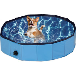 Басейн для собак Relaxdays, В x Г 20 x 80 см, складний, зі зливним клапаном, дитячий басейн для собак для охолодження, ПВХ і МДФ, синій