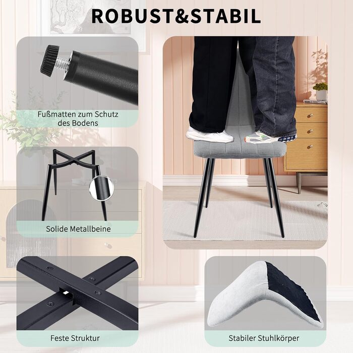 Набір з 4-х оббитих стільців для їдальні з тканини льон та чорними металевими ніжками, смугастий дизайн, для їдальні, вітальні, спальні, кухні, рецепції, сірий