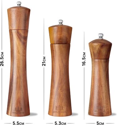 Набір для солі та перцю WALDLAND® з дерева з підставкою (21 см) | Мельниці для спецій з керамічним механізмом | Набір перчниці та солізниці