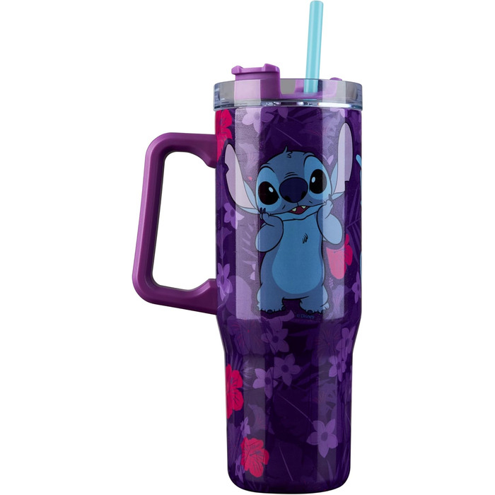 Термокружка Disney Stitch об'ємом 940 мл з ручкою, кришкою та трубочкою, двостінна ізольована, підтримує 17 годин холодну температуру, 8 годин теплу та 45 годин замороженість