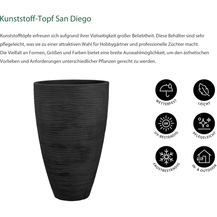 Ваза для квітів Dehner Vino | Кашпо, горщик для квітів | для кімнатних та садових рослин | сучасний, круглий, стійкий, міцний | рифлена поверхня | для використання в приміщенні та на вулиці | пластик | антрацит | Ø 40 см, висота 60 см
