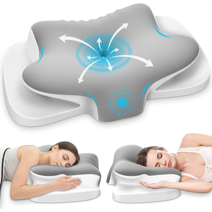 Подушка для шиї з піною Memory Foam, дихаюча, ергономічна, 65x37x10/12 см (срібна)