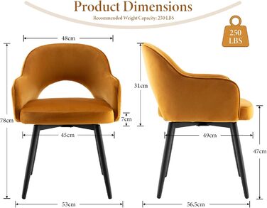 4 крісла з велюру для їдальні, обертаються на 360°, кухонні крісла з підлокітниками, м'які бічні крісла для дому, офісу, вітальні (жовті)