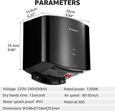 Електричний автоматичний сушар для рук Modunful, настінний, 1200W, чорний