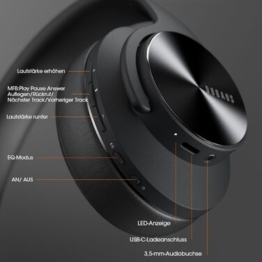 Накладні навушники DOQAUS Bluetooth, 90 годин, 3 режими еквалайзера, мікрофон, амбушури з пам'яттю Protein, чорний