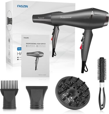 Фен для волосся Faszin Ion Professional Hair Фен - Супер швидкий фен з термостійкою технологією Triple-L Plus, з 4 аксесуарами для укладання світло-сірий