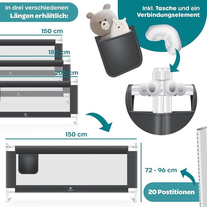 Захисний бортик для ліжка KESSER 150 см, сітчастий, складаний та регульований по висоті, захист від випадання для дітей та немовлят, темно-сірий