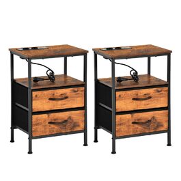 Нічні тумбочки EGGREE (2 шт) з зарядною станцією та шухлядами з тканини, колір вінтажний коричневий, для спальні, невеликих кімнат, готелю та апартаментів. USB-порти та розетки.
