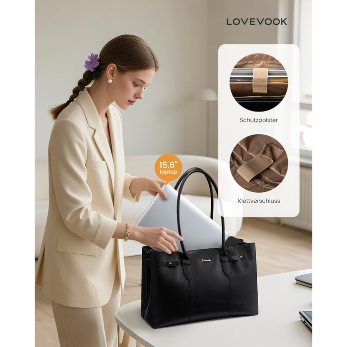 LOVEVOOK Сумка для ноутбука 15.6 дюймів, жіноча, велика, водонепроникна, шкіряна, для роботи, навчання, офісу, універсальна, чорна