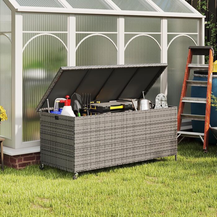 Скриня для подушок садових Polyrattan Amopatio 480л, водонепроникна, з роликами та газліфтом, сіра