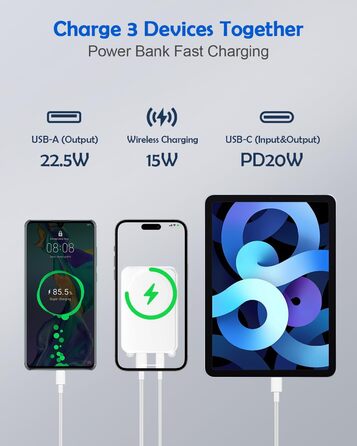 Бездротовий Power Bank, магнітний 10000 мАг, швидка зарядка Mini PD 22.5 Вт, LED дисплей, для iPhone 12-15 (білий)