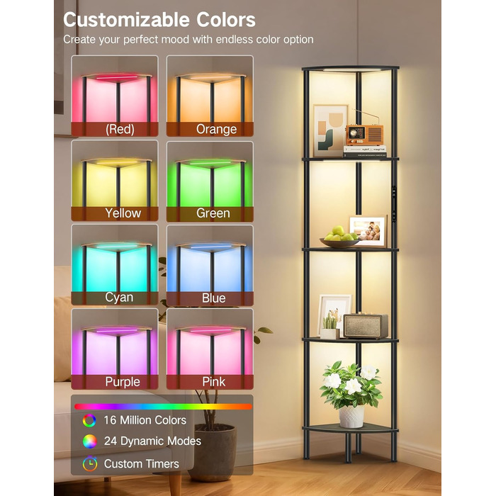 LED торшер з полицею, 3 режими світла, димування сенсором та пультом, кутова полиця з 5 рівнями, вузька книжкова шафа для вітальні, спальні, офісу (Чорний з RGB)