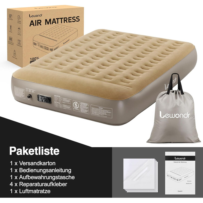 Надувне ліжко Lewondr на 2 особи з вбудованим насосом, 203x152x33 см. З подушкою, самонадувне, для кемпінгу, дому, гостей, подорожей (250 кг MAX), кольору хакі