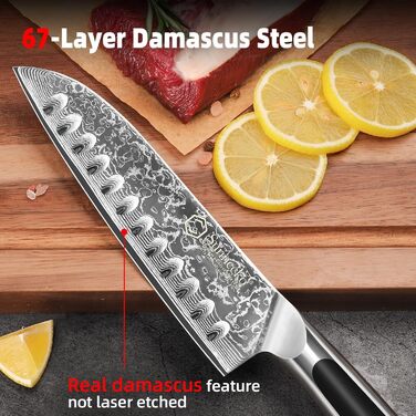 Ніж Sunnecko Дамаск - кухонний ніж. Гострий ніж з дамаської сталі. Азіатський універсальний кухонний ніж для дому та кухні з ергономічною ручкою (7 дюймів Сантоку)