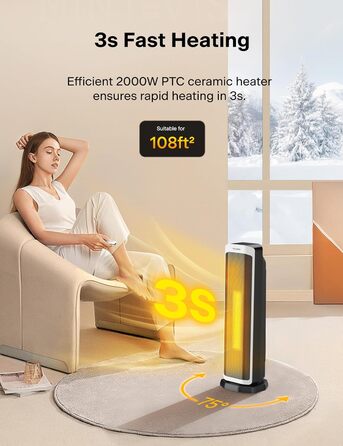 Електрична теплова гармата PELONIS 2000W, керамічна, з термостатом та таймером, захист від перекидання та перегріву, чорна