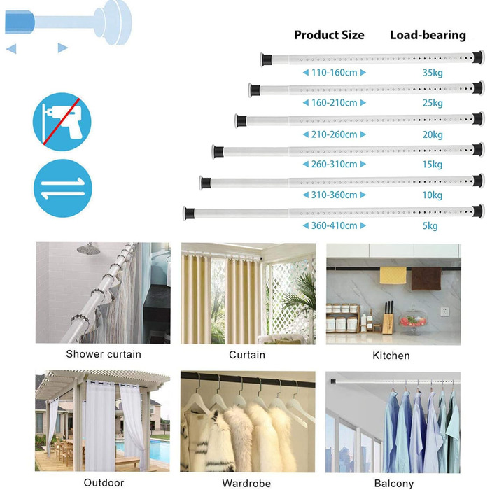 Штора для душу телескопічна штанга 310-360см нержавіюча сталь, без свердління, біла, для штор і балкона