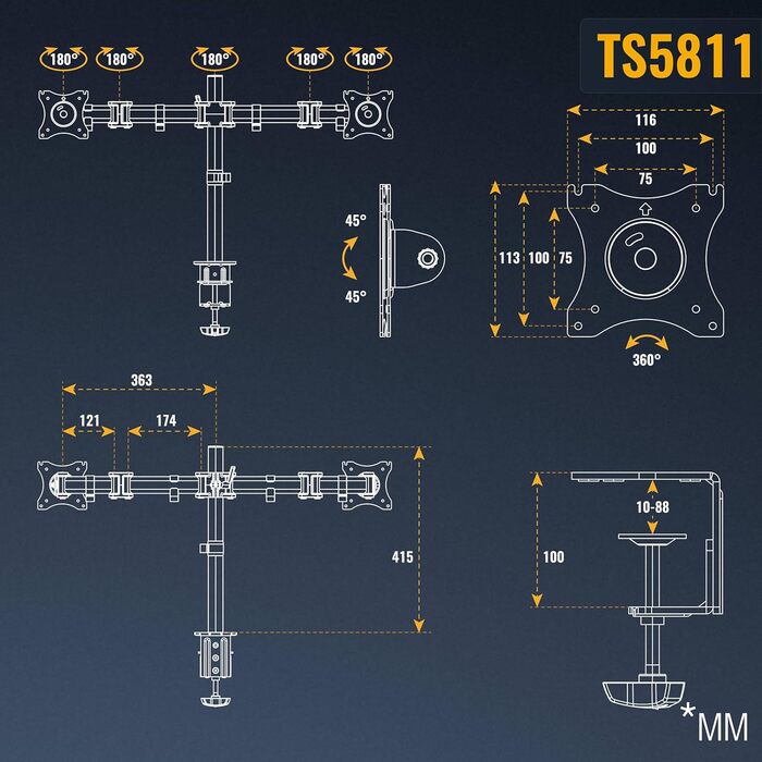 Підставка для монітора RICOO TS5811: тримач для 2 моніторів (15-27 дюймів)