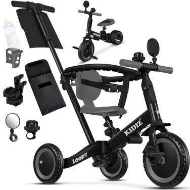 Біговел-триколіс KIDIZ 6-в-1 для дітей 1-5 років до 25 кг, з ручкою, захисним бампером, ременем безпеки, дзвінком та дзеркалом (Антрацит)