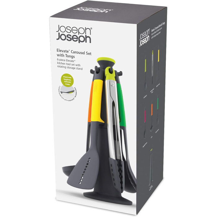 Набір кухонних помічників Joseph Joseph Elevate, 6 предметів з поворотним підставкою, ергономічні силіконові ручки, антипригарне покриття (з пінцетом, багатокольоровий)