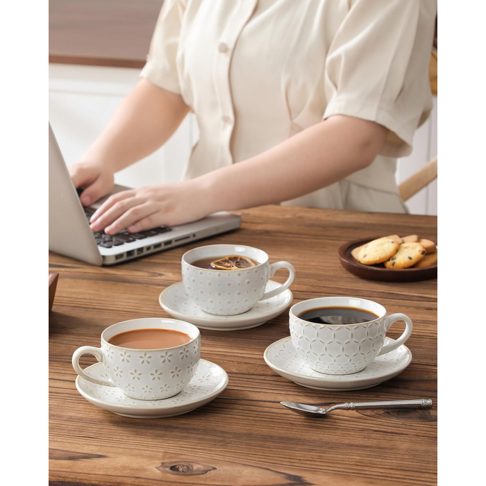 Набір посуду Malacasa LYDIA для 4 осіб (16 предметів): тарілки, чашки, чайний сервіз з рельєфом, бежевий