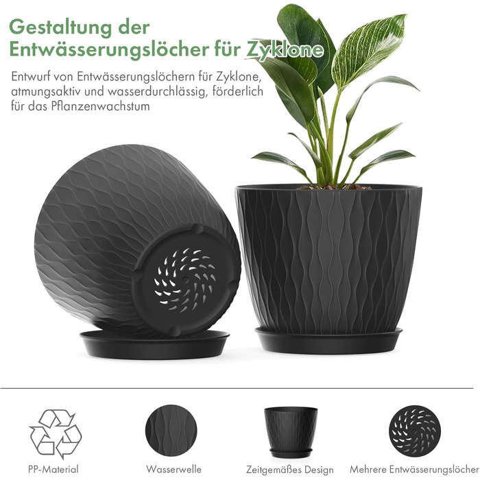 Набір горщиків для квітів з системою поливу (5 шт.), 17.8 см, з підставкою, для дому та балкону (чорний)