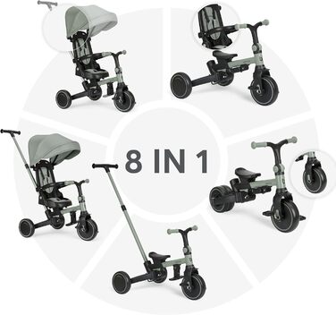 Триколісний велосипед KikkaBoo Dreirad 8-в-1 з ручкою для батьків, алюмінієва рама, зелений. Для дітей від 1 року.