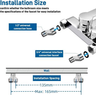 Змішувач для ванни та душу з підключенням 1/2 дюйма, накладний, з виходом для душу та наповнення ванни, хром