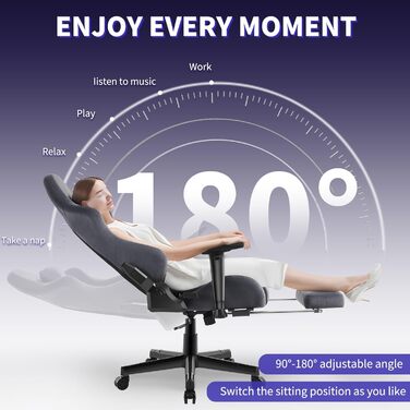 Ігровий крісло JUMMICO з тканини, офісне крісло з масажем, ергономічний офісний стілець, регульовані підлокітники, 90-180° нахил, 200 кг, сірий