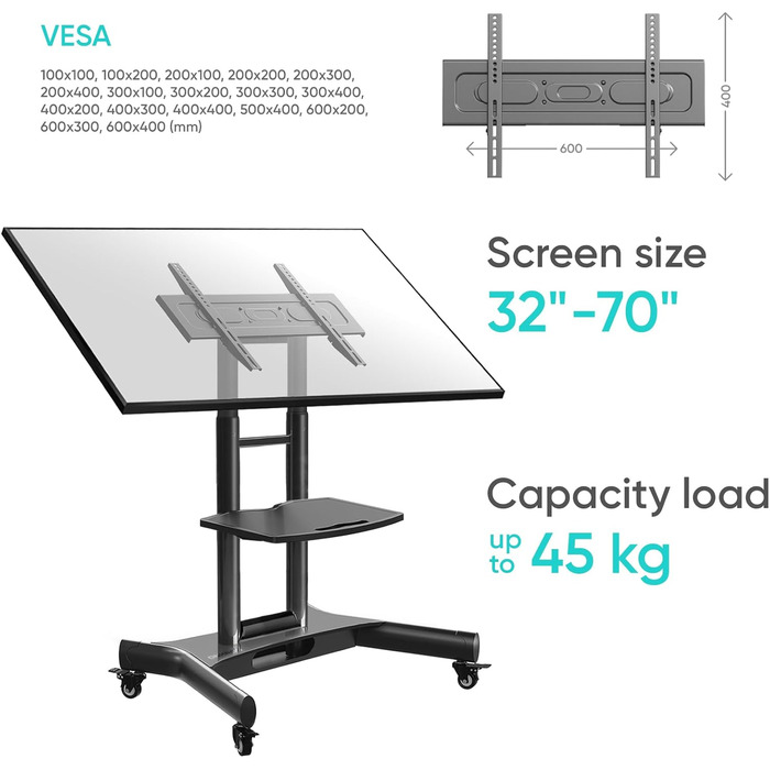 Рулонна підставка під телевізор ONKRON 32-70 дюймів, регулювання висоти та нахилу, макс. 45 кг, VESA 600x400, чорний