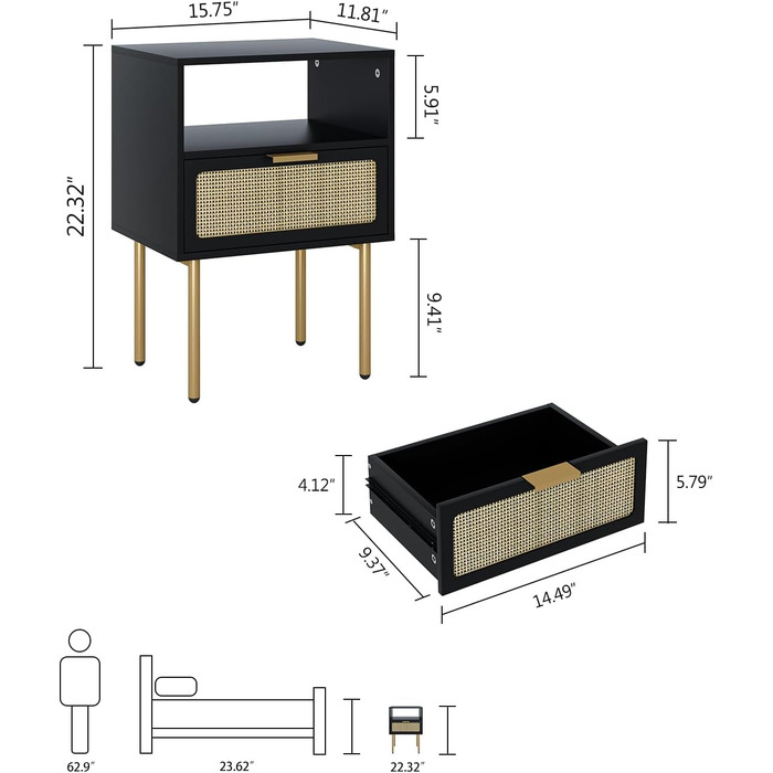 Приліжкова тумбочка HEYZOEY з чорного ротанга з ящиком і золотим каркасом для спальні, вітальні