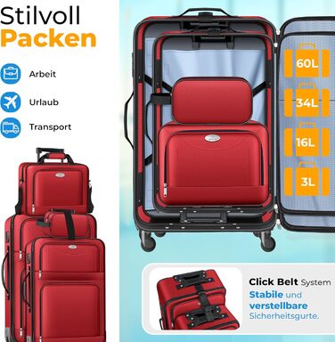 Набір валіз KESSER® 4 шт. | Тріумф валіз з тканини з кодовим замком TSA, 360° колесами та телескопічною ручкою | Косметичка, ручна поклажа, великі валізи для подорожей та бізнесу (Червоний)